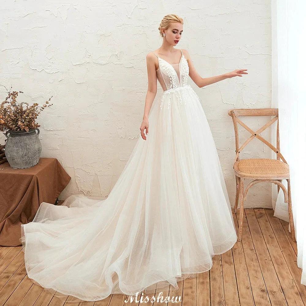Spaghetti Straps Plunging V-Neck Wedding Dress Low Back Champagne Bridal Gown - Image 9