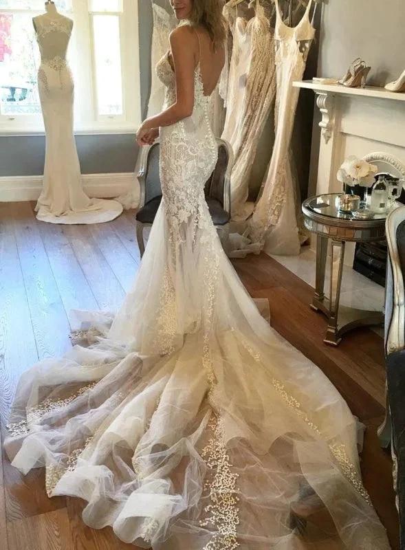 Spaghetti Straps Pretty Mermaid Appliqued V-neck Tulle Elegant Wedding Dresses - Image 2