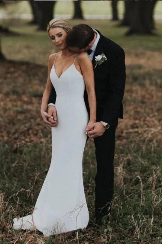 Spaghetti Straps Pretty Mermaid Backless V-Neck Beach Simple Boho Elegant Wedding Dresses - Image 2
