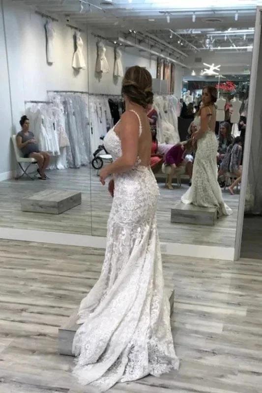 Spaghetti Straps Pretty Mermaid V Neck Backless Lace Elegant Wedding Dresses - Image 2