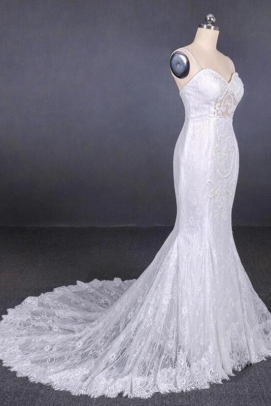 Spaghetti Straps Pretty Mermaid with Appliques Lace Beach Elegant Wedding Dresses - Image 3