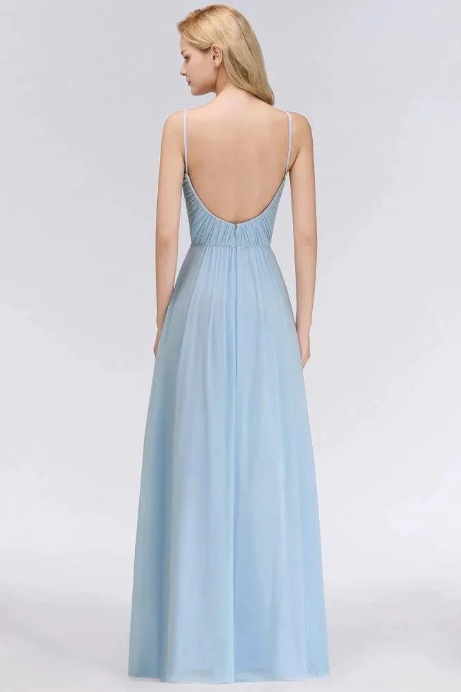 Spaghetti Straps Ruggle Chiffon Bridesmaid Dress Sky Blue A-line Wedding Party Dress - Image 2