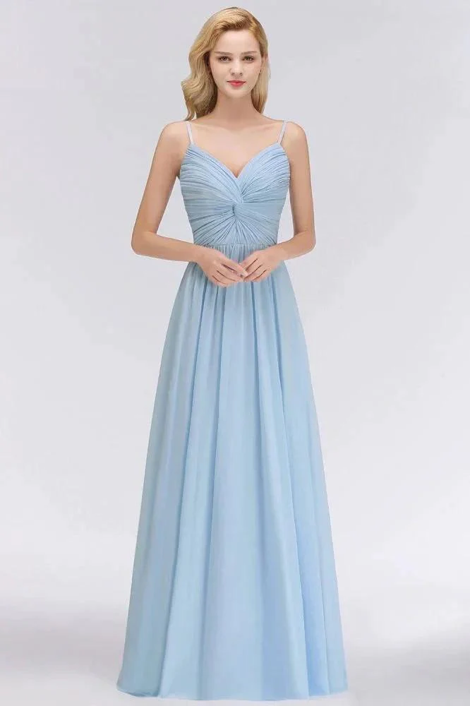 Spaghetti Straps Ruggle Chiffon Bridesmaid Dress Sky Blue A-line Wedding Party Dress - Image 3