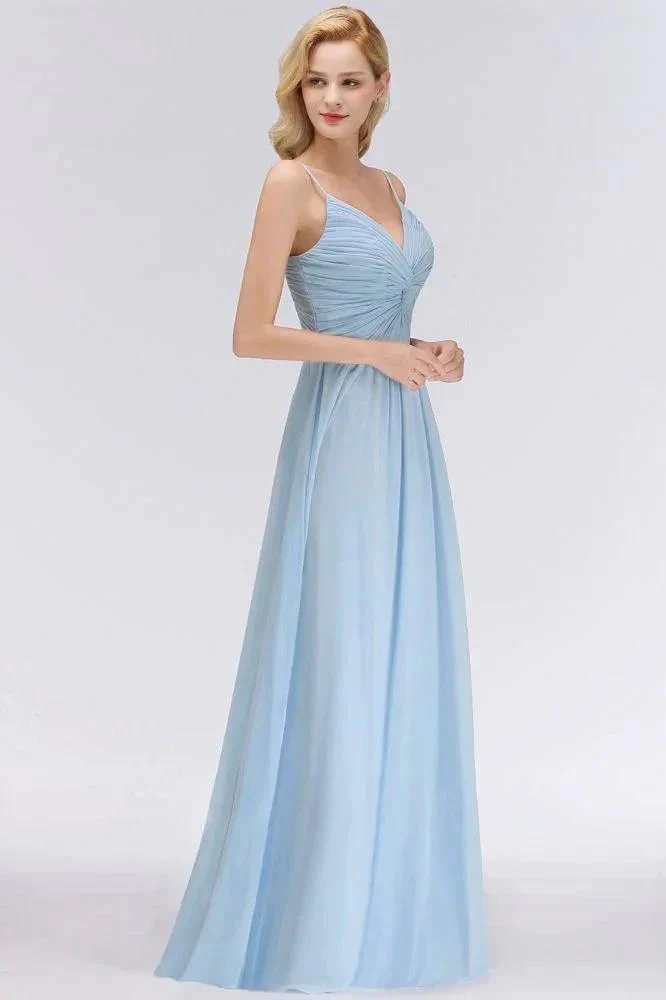 Spaghetti Straps Ruggle Chiffon Bridesmaid Dress Sky Blue A-line Wedding Party Dress - Image 4