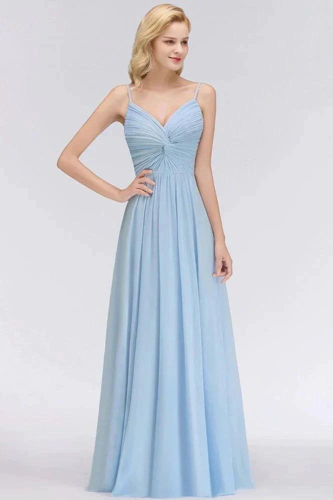 Spaghetti Straps Ruggle Chiffon Bridesmaid Dress Sky Blue A-line Wedding Party Dress - Image 5