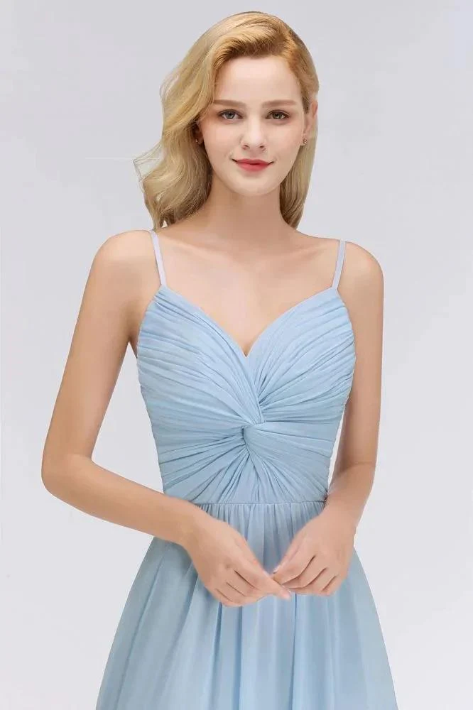 Spaghetti Straps Ruggle Chiffon Bridesmaid Dress Sky Blue A-line Wedding Party Dress - Image 6