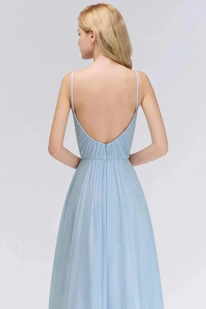Spaghetti Straps Ruggle Chiffon Bridesmaid Dress Sky Blue A-line Wedding Party Dress - Image 7