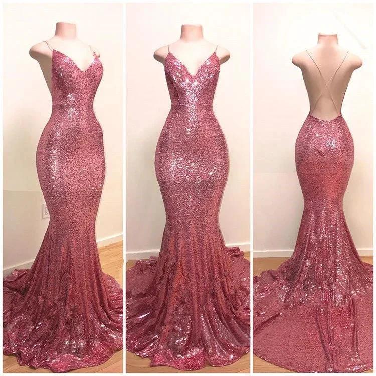 Spaghetti-Straps Sequins Prom Dress Mermaid Long - Image 2