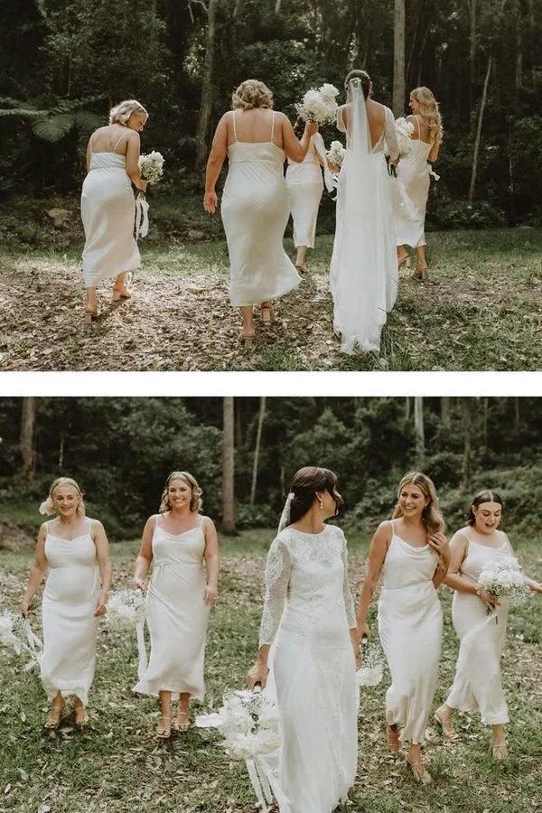 Spaghetti Straps Sheath Cowl Neck Tea Length Bridesmaid Dress BD138 - Image 3