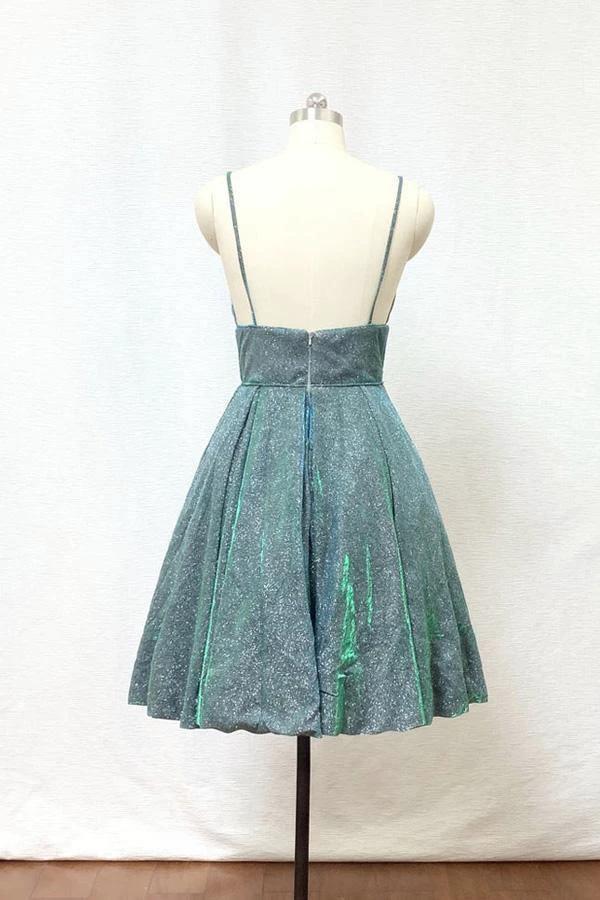 Spaghetti Straps Silver Green Glitter Short Homecoming Dress with Pockets PD428 - Image 2