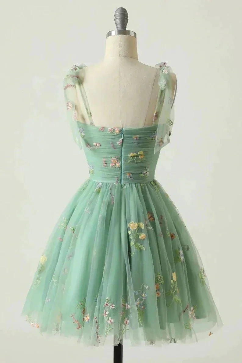 Spaghetti Straps Sleeveless A Line Tulle Floral Short Homecoming Dresses PD485 - Image 2