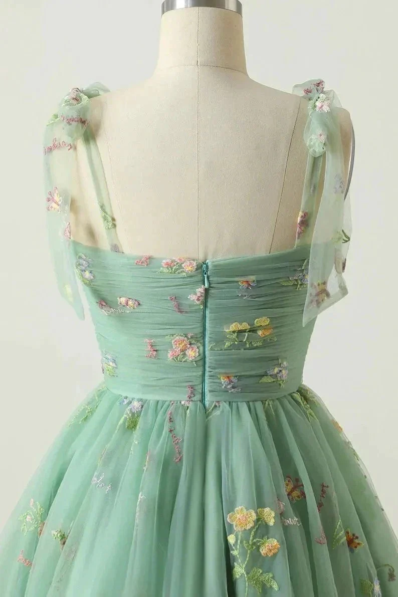 Spaghetti Straps Sleeveless A Line Tulle Floral Short Homecoming Dresses PD485 - Image 3