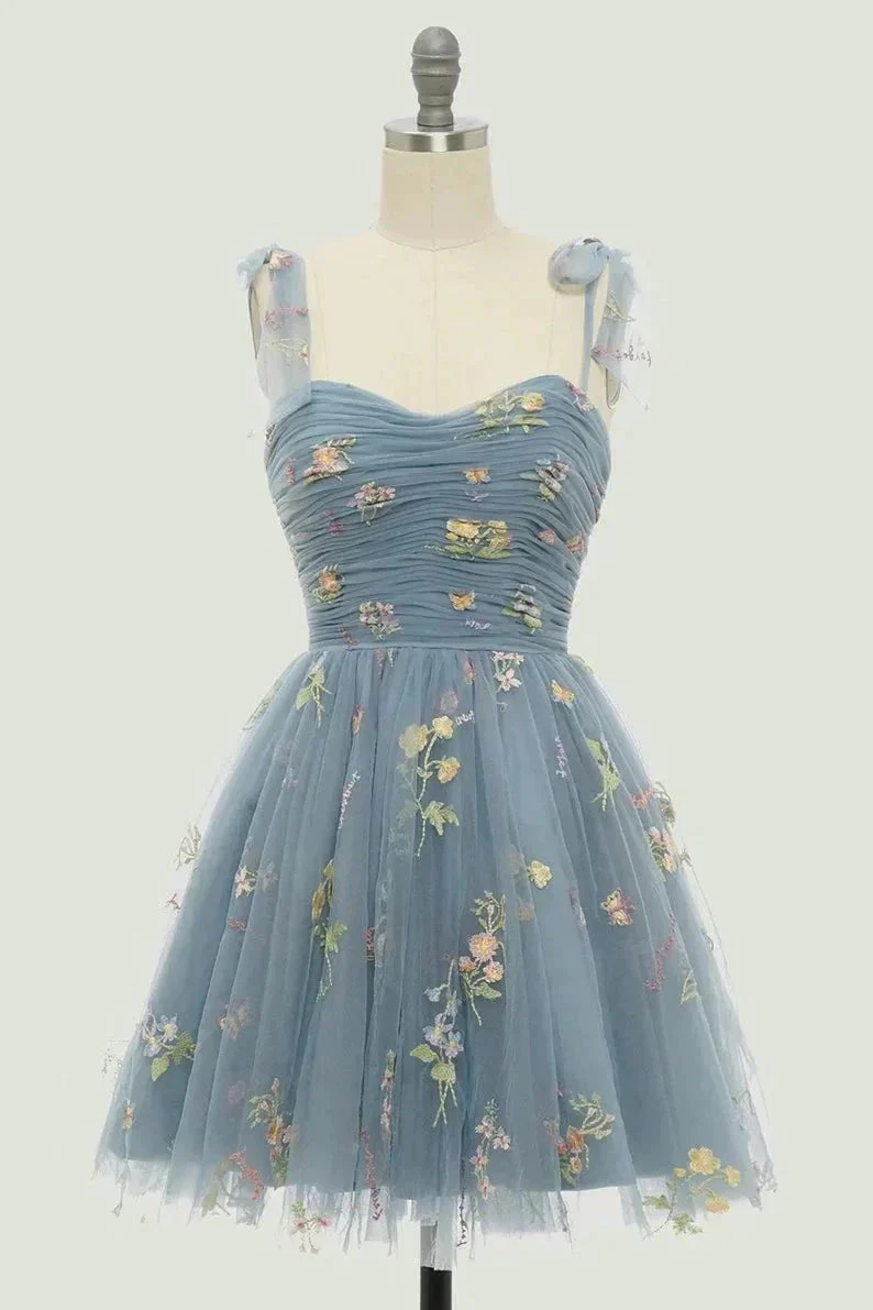 Spaghetti Straps Sleeveless A Line Tulle Floral Short Homecoming Dresses PD485 - Image 4