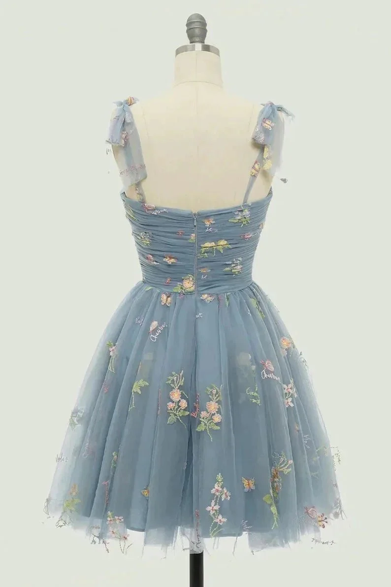 Spaghetti Straps Sleeveless A Line Tulle Floral Short Homecoming Dresses PD485 - Image 5