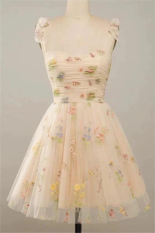 Spaghetti Straps Sleeveless A Line Tulle Floral Short Homecoming Dresses PD485 - Image 6