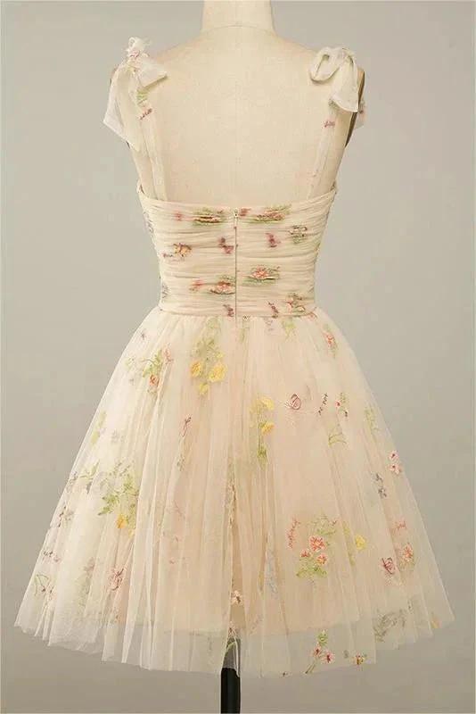 Spaghetti Straps Sleeveless A Line Tulle Floral Short Homecoming Dresses PD485 - Image 7