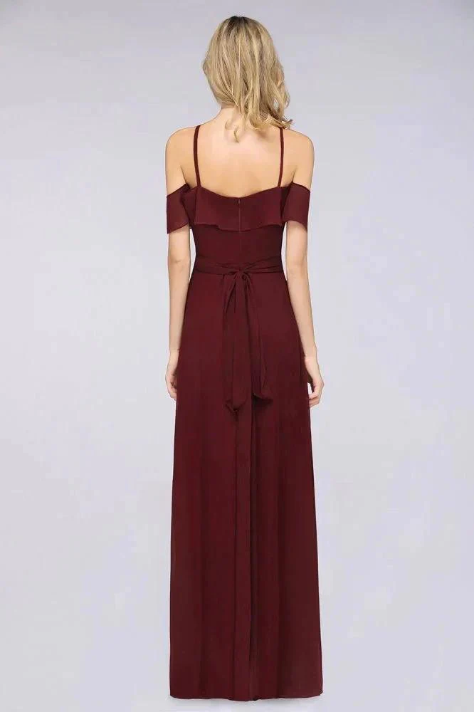 Spaghetti-Straps Sleeveless Ruffles Floor-Length Bridesmaid Dress with Bow Sash - Image 2
