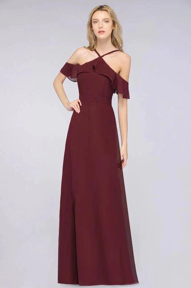 Spaghetti-Straps Sleeveless Ruffles Floor-Length Bridesmaid Dress with Bow Sash - Image 3