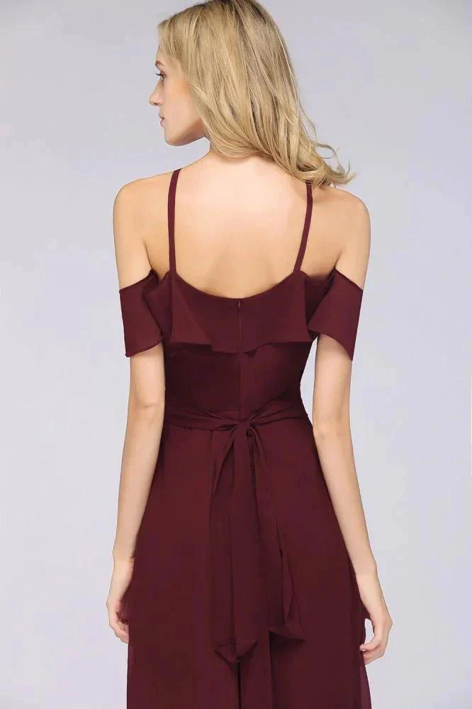 Spaghetti-Straps Sleeveless Ruffles Floor-Length Bridesmaid Dress with Bow Sash - Image 7