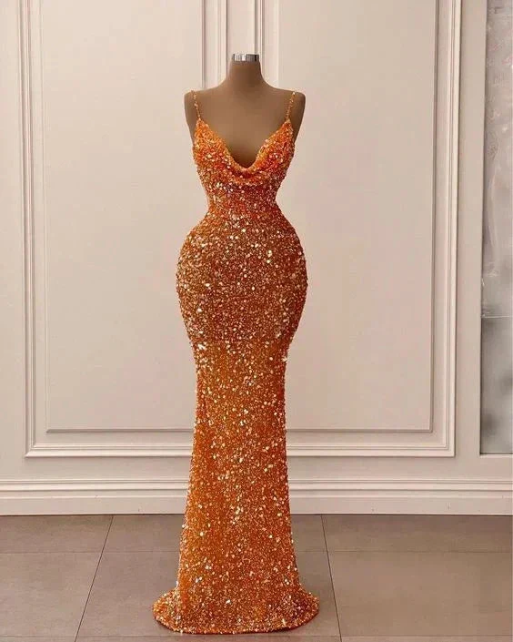 Spaghetti Straps Sparkly Evening Dress Orange Glitter Mermaid Prom Dress Y6105 - Image 2