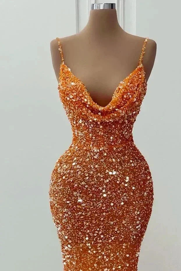 Spaghetti Straps Sparkly Evening Dress Orange Glitter Mermaid Prom Dress Y6105 - Image 3