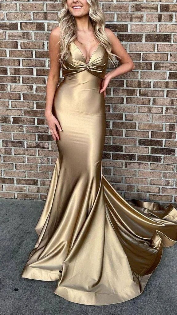 Spaghetti Straps Stunning Gold Formal Evening Dress Mermaid Long Prom Dress Y609 - Image 2