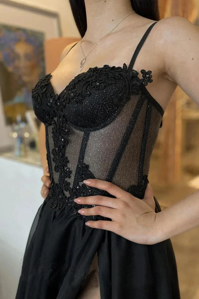 Spaghetti Straps Thigh Split Lace Appliques Black Prom Dresses PSK359 - Image 2