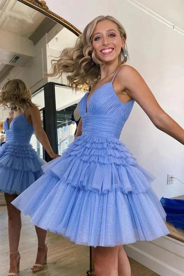Spaghetti Straps V-Neck A-Line Tulle Mini Homecoming Dress PD488 - Image 2
