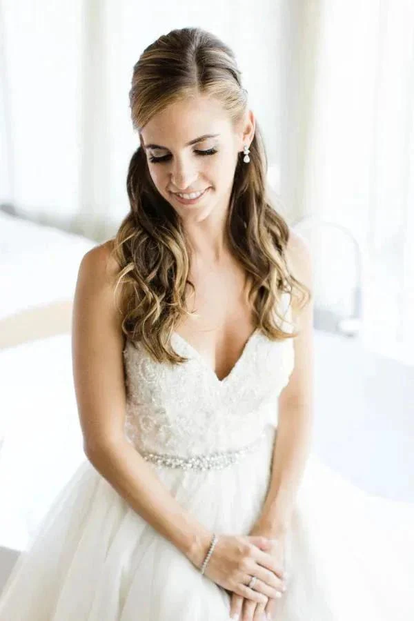 Spaghetti Straps V-neck A-line Wedding Dress with Crystals Belt WD534 - Image 4