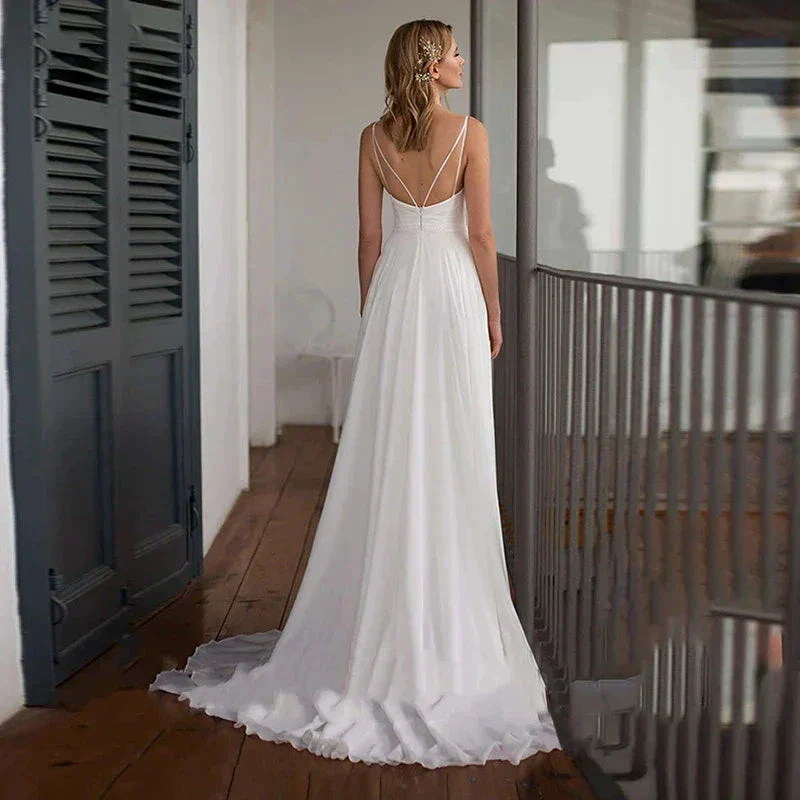 Spaghetti Straps  V Neck Criss-Cross Wedding Dress  Sweep Train Sleeveless Chiffon Bride Gown Robe De Mariée Beach Wedding Gown - Image 2