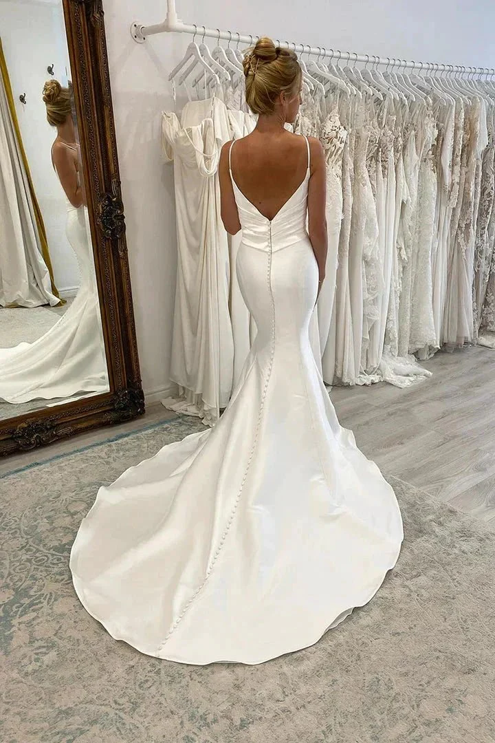 Spaghetti Straps V-neck Pleats Simple Mermaid Satin Wedding Dress  WD650 - Image 2
