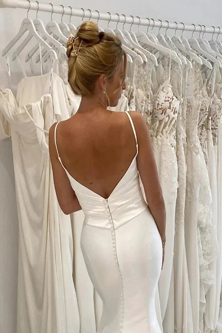 Spaghetti Straps V-neck Pleats Simple Mermaid Satin Wedding Dress  WD650 - Image 3