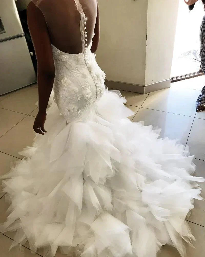 Mermaid Floral Appliques Ruffless Wedding Dress Sheer Tulle Backless Sleeveless Bridal Wears - Image 2
