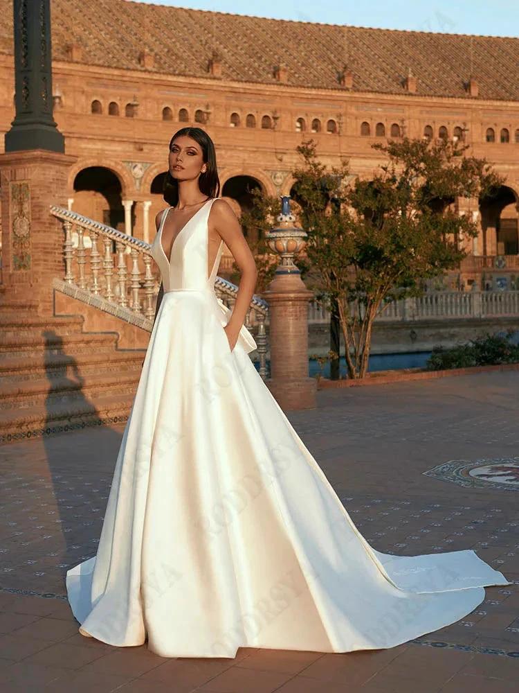 Spaghetti Straps V-Neck Vestido De Novia Sleeveless Appliques Satin Bride Party Backless A-Line Wedding Dress For Women - Image 3