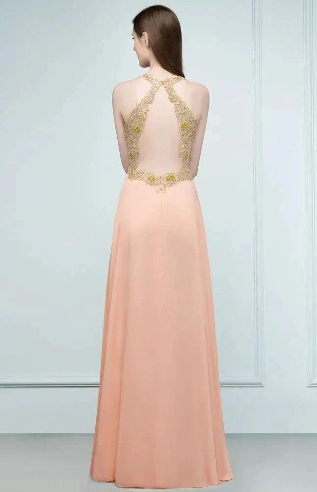 Spaghetti V-neck A-line Floor Length Appliqued Chiffon Bridesmaid Dresses - Image 2
