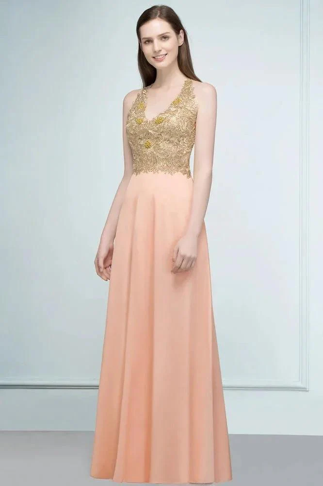 Spaghetti V-neck A-line Floor Length Appliqued Chiffon Bridesmaid Dresses - Image 3