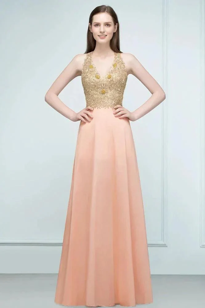 Spaghetti V-neck A-line Floor Length Appliqued Chiffon Bridesmaid Dresses - Image 4