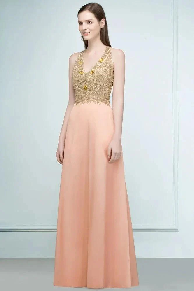 Spaghetti V-neck A-line Floor Length Appliqued Chiffon Bridesmaid Dresses - Image 5