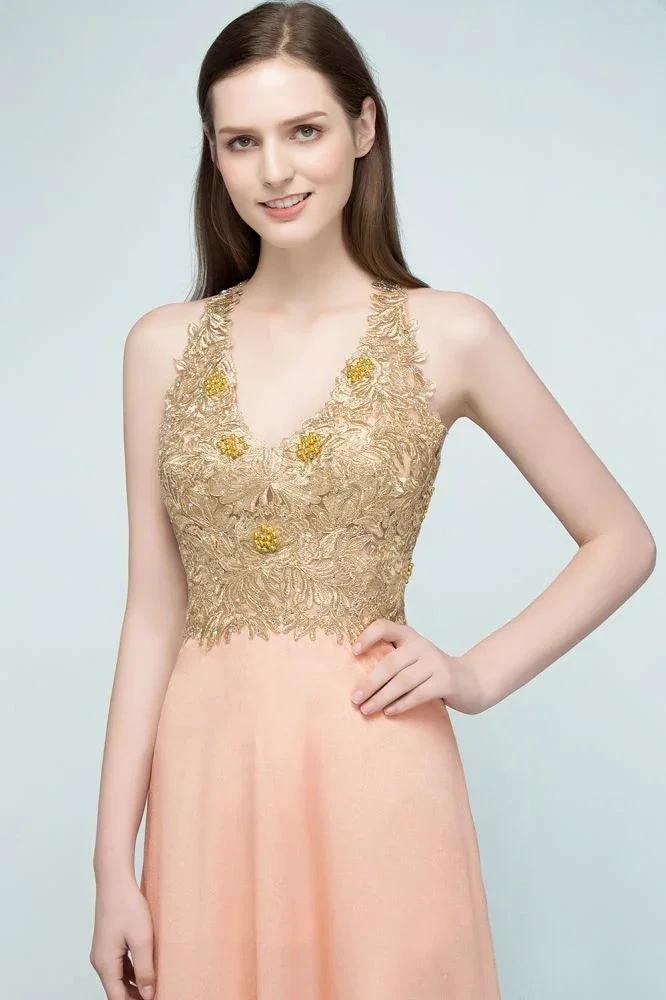 Spaghetti V-neck A-line Floor Length Appliqued Chiffon Bridesmaid Dresses - Image 6