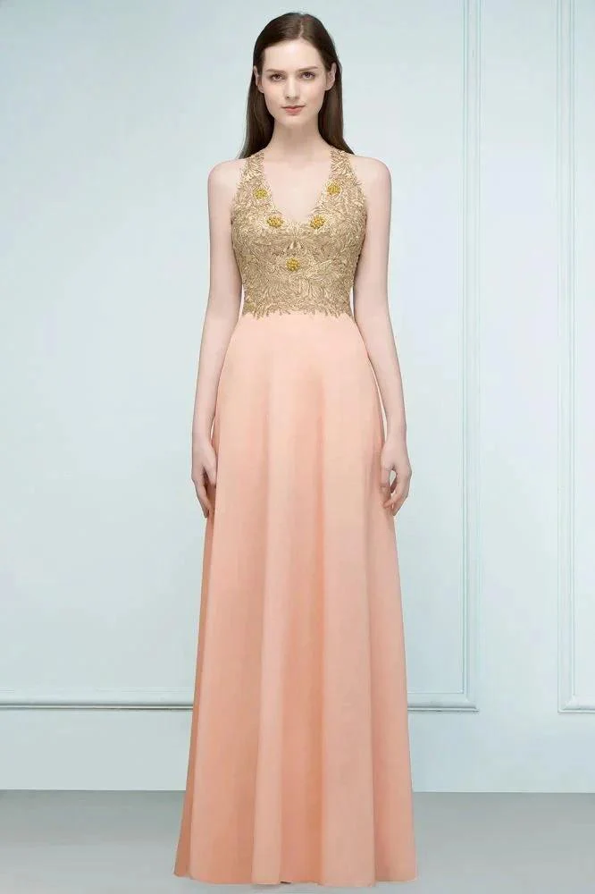 Spaghetti V-neck A-line Floor Length Appliqued Chiffon Bridesmaid Dresses - Image 7