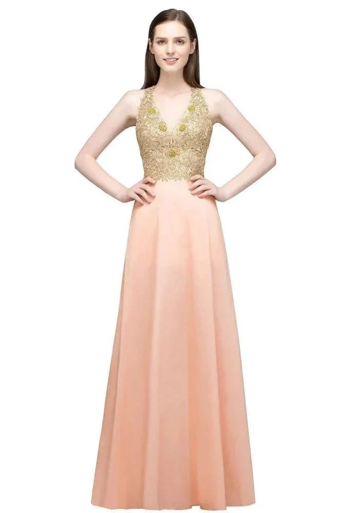 Spaghetti V-neck A-line Floor Length Appliqued Chiffon Bridesmaid Dresses - Image 9