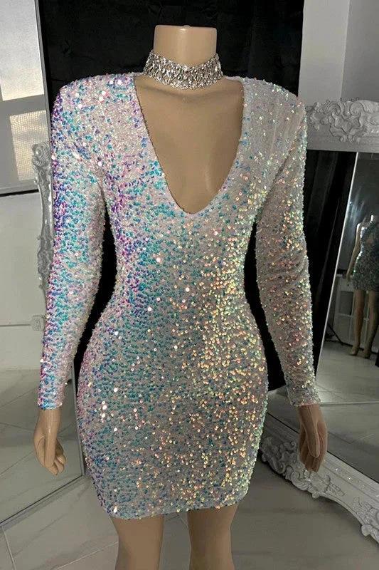 Sparking V-neck Long Sleeves Mini Prom Dress With Beads - Image 2
