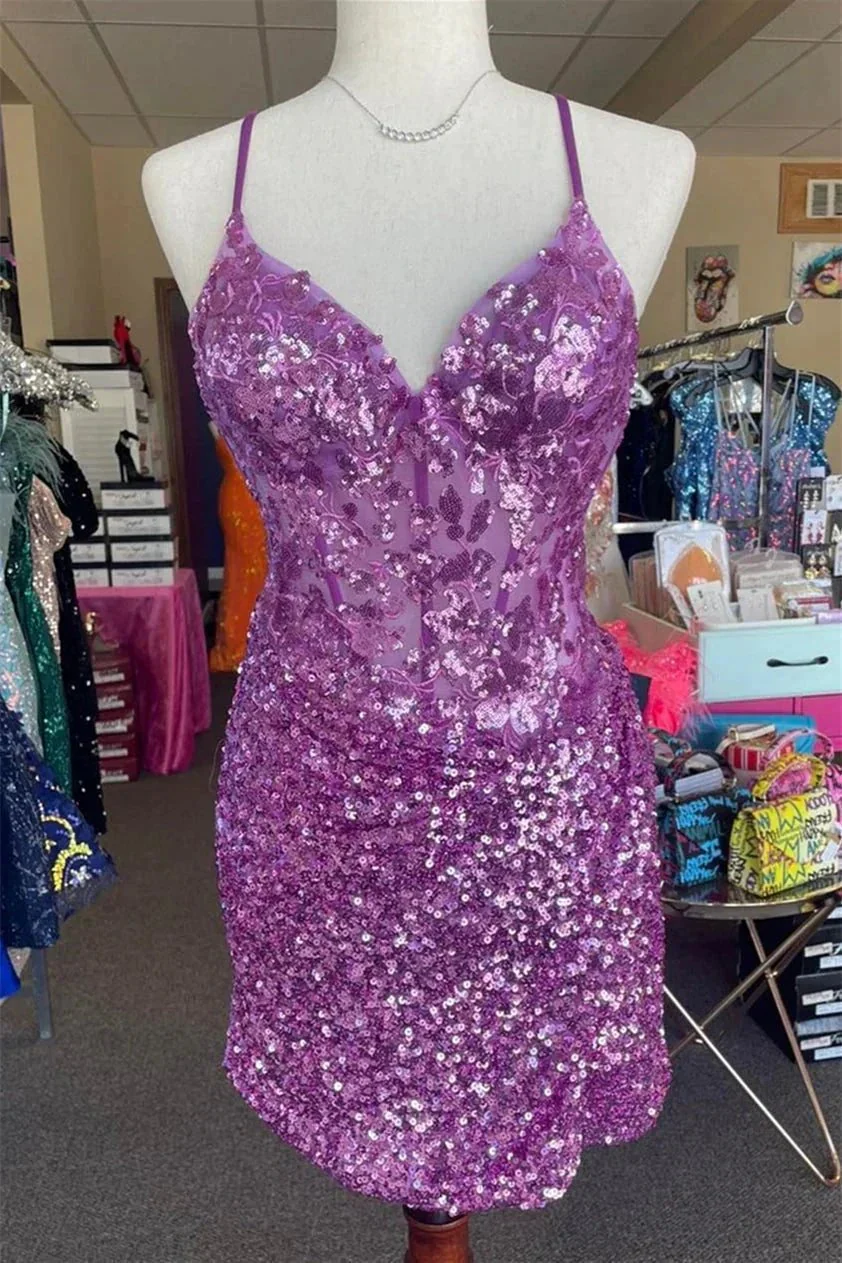 Sparkle Appliques Sequin Lilac Homecoming Lace-up Dress - Image 5