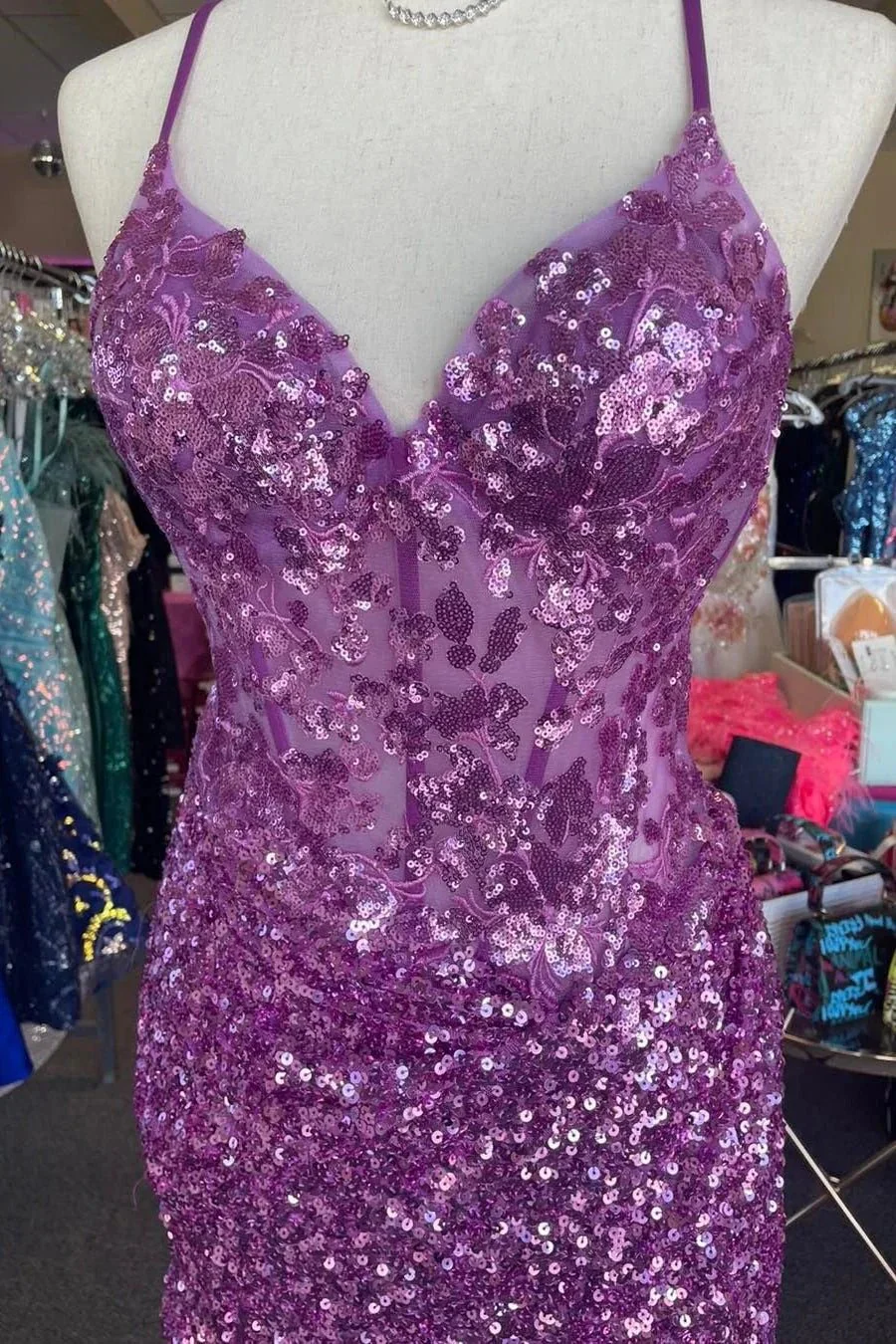 Sparkle Appliques Sequin Lilac Homecoming Lace-up Dress - Image 6