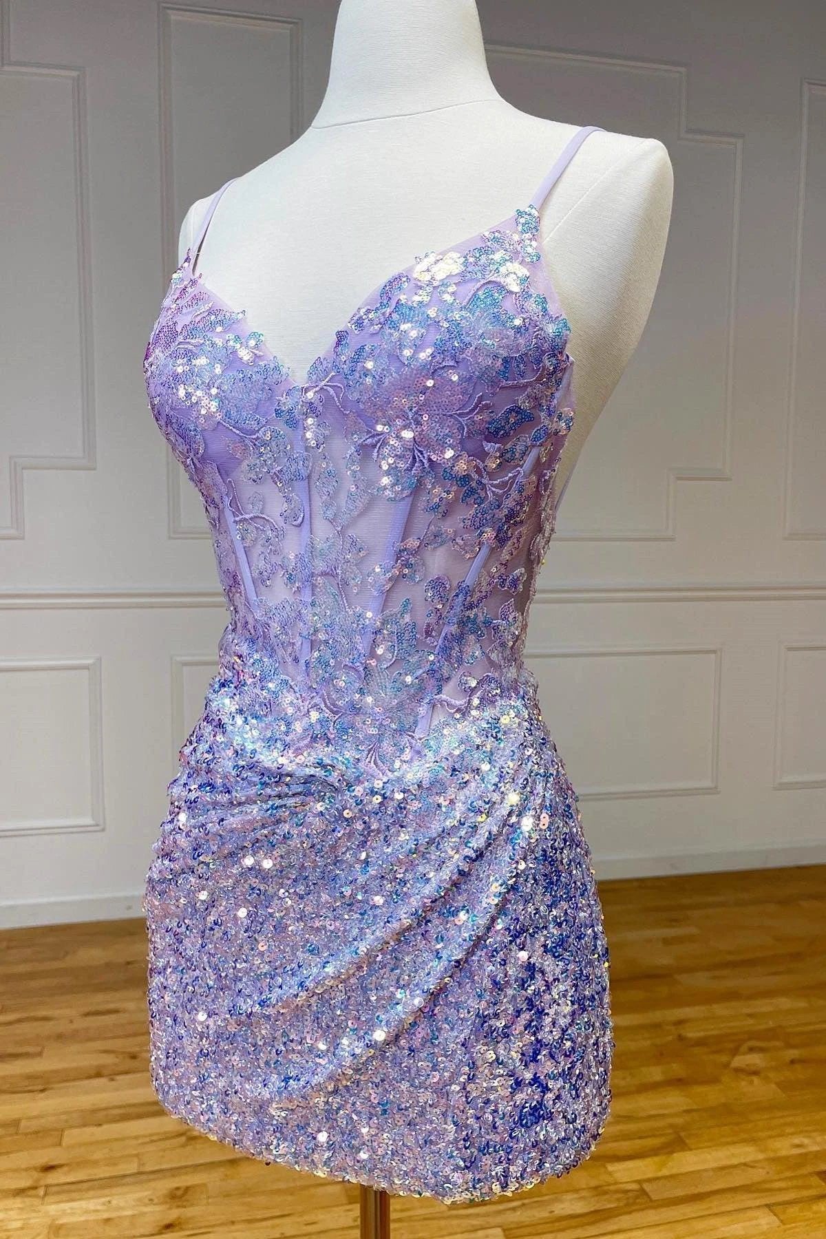 Sparkle Appliques Sequin Lilac Homecoming Lace-up Dress - Image 7