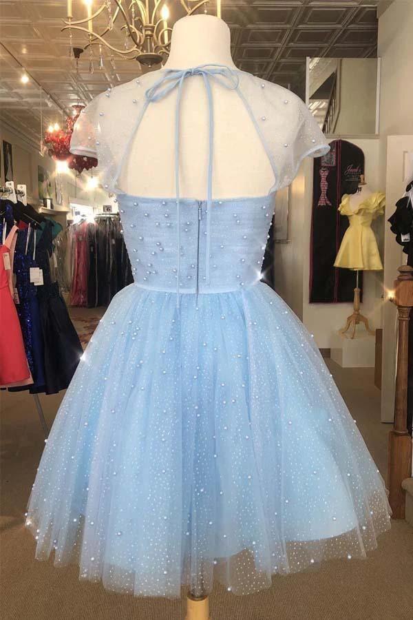 Sparkle Beaded Cap Sleeves Light Sky Blue Homecoming Dress PD314 - Image 2