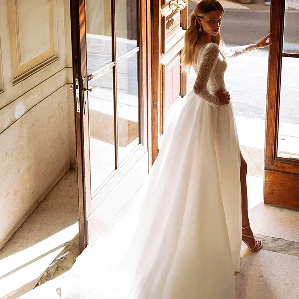 Sparkle Luxury Beach Wedding Dresses For Women Long Sleeves O-Neck Tulle Bridal Gowns A-Line Sweep Train Vestido De Novia - Image 2