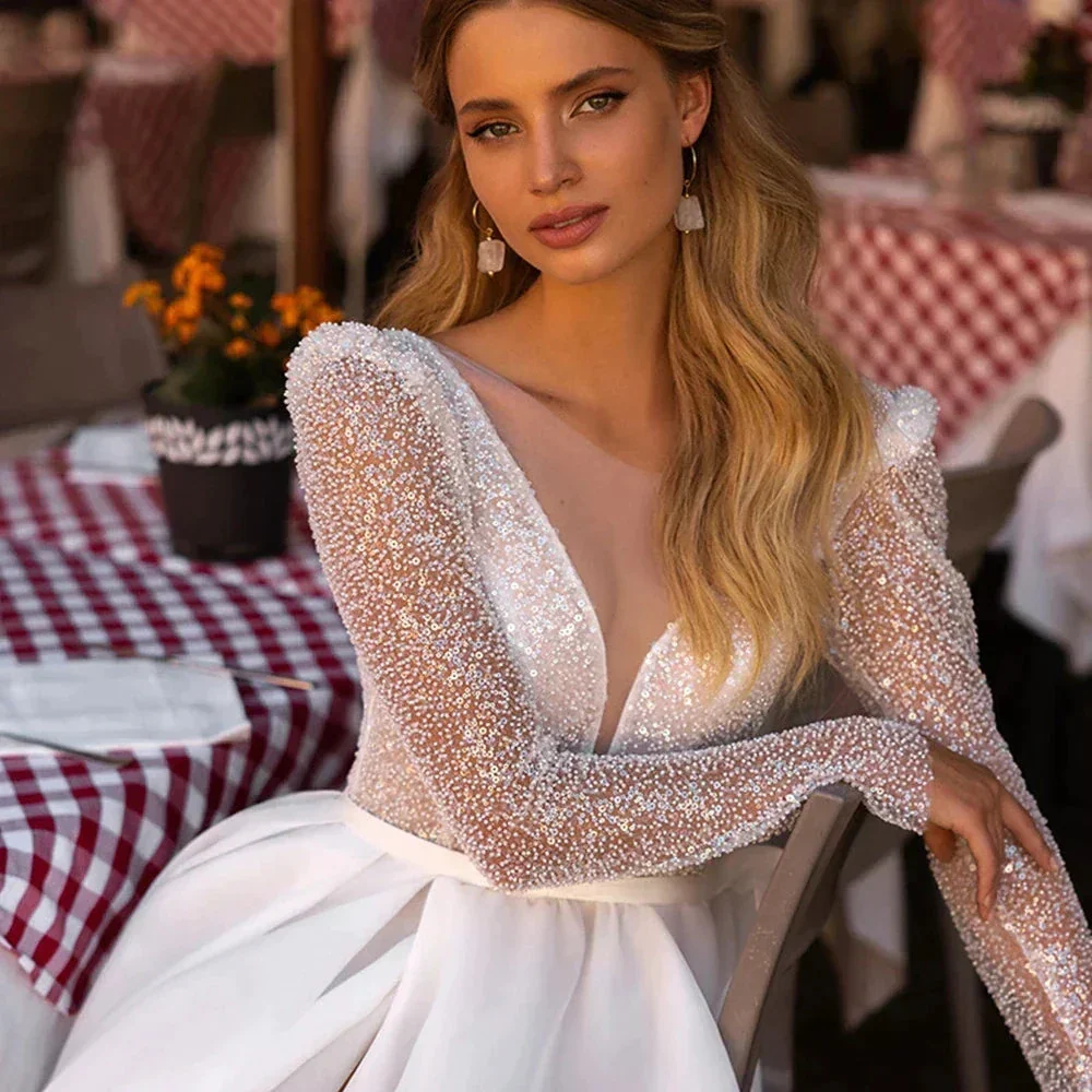 Sparkle Luxury Beach Wedding Dresses For Women Long Sleeves O-Neck Tulle Bridal Gowns A-Line Sweep Train Vestido De Novia - Image 3