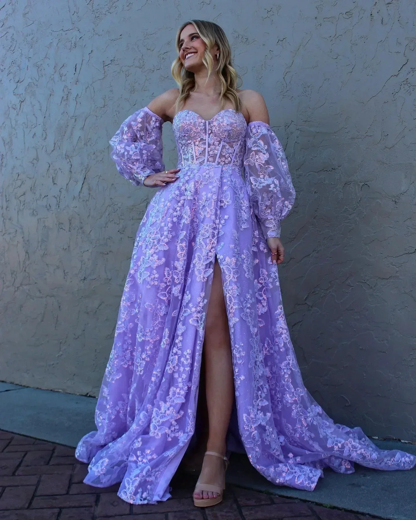 Sparkle Princess Bustier Puff Sleeve Lace Long Prom Dress Detachable Sleeves Evening Dress Y1805 - Image 3
