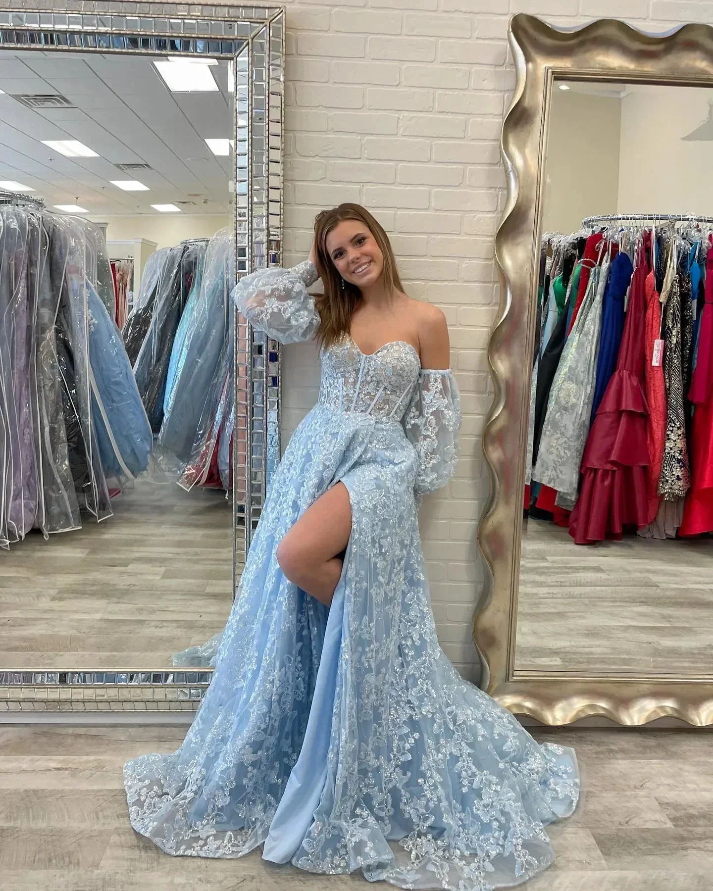 Sparkle Princess Bustier Puff Sleeve Lace Long Prom Dress Detachable Sleeves Evening Dress Y1805 - Image 5